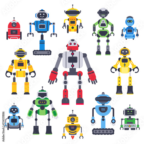 Flat bots and robots. Robotic bot mascot  humanoid robot and cute chatbot assistant vector flat characters set