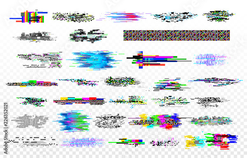 Modern glitch collection. Tv noise glitches, monitor signal decay and screen bug. Digital data glitched signals texture vector set