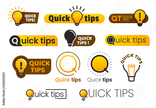 Logo quick tips. Yellow lightbulb icon with quicks tip text. Lamp of advice idea vector banner set