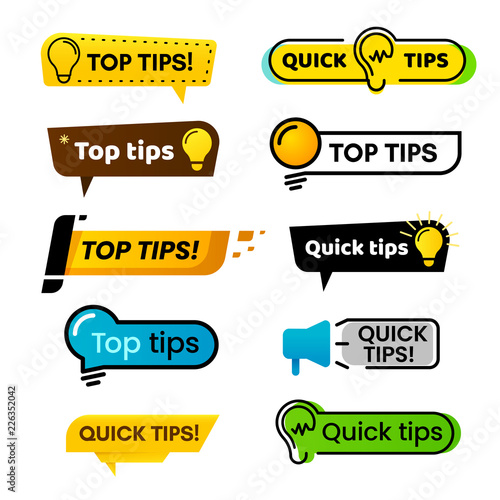 Quick tips. Idea suggestion, tricks solutions advice and best solution tip isolated vector banner sign