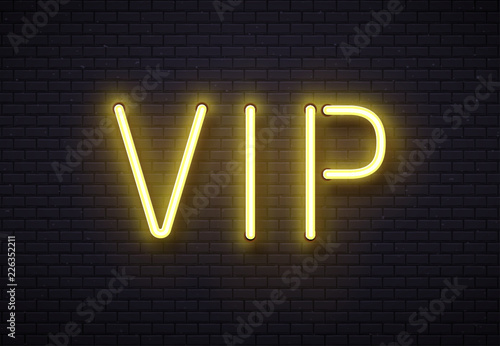Vip neon sign. Elegant premium members club, luxury banner with golden fluorescent neons tube lamps on brick wall vector illustration