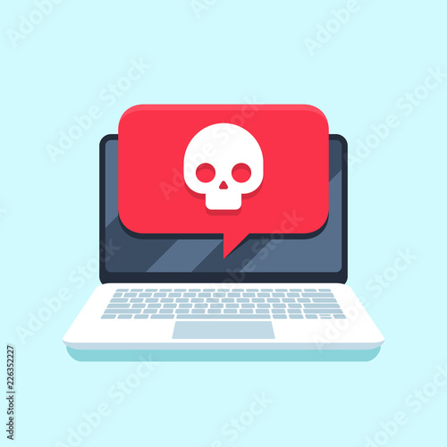 Virus notification on notebook screen. Malware attack laptop pc, computer viruses or hacking secure vector concept