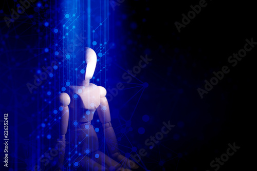 blue wood pose and technology artificial intelligence robotic ai machine data network concept
