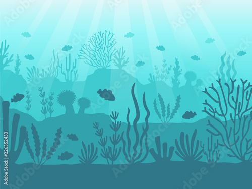 Underwater seascape. Ocean coral reef, deep sea bottom and swimming under water. Marine corals background vector illustration