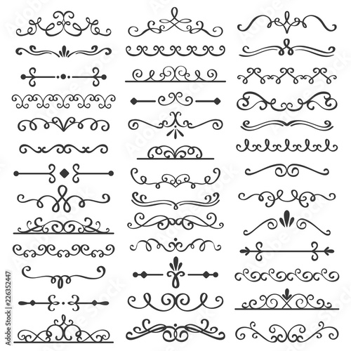 Decorative swirls dividers. Old text delimiter, calligraphic swirl border ornaments and vintage divider vector set