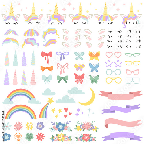 Unicorn constructor. Pony mane styling bundle, unicorns horn and party star glasses. Flowers, magic rainbow and head bows vector set
