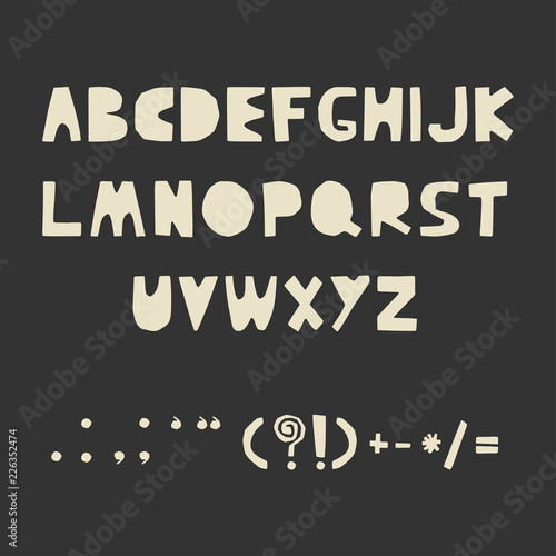 Carved alphabet and punctuation marks. Rustic font. Vector ABC