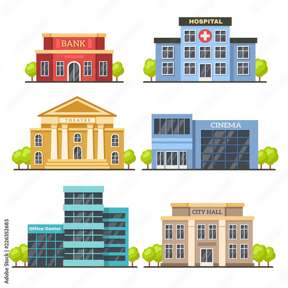 Flat city buildings. Contemporary office center, hospital facade and city hall building. Modern theater and cinema vector illustration - obrazy, fototapety, plakaty 