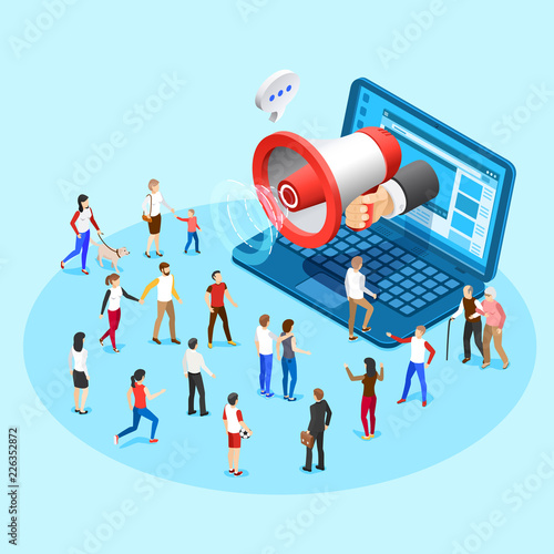 Web promotion marketing. Advertising social media megaphone broadcasting ads from laptop screen vector isometric concept illustration