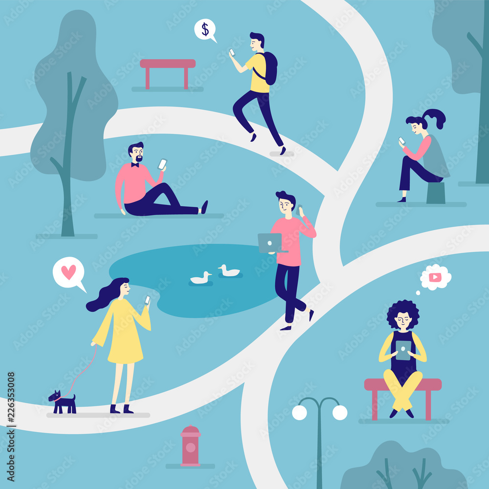 Fototapeta premium People with smart devices. Flat modern concept, man reading ebook and woman surfing internet on smartphone vector illustration