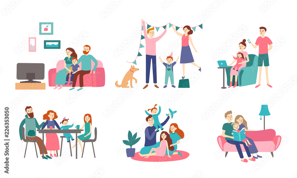 Family together at home. Young couple spend time with kids, read book and decorating house. Homeliness vector flat illustration Family together at home. Young couple spend time with kids, read book and decorating house. Homeliness vector flat illustration