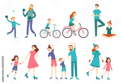 Sport family people. Couple with kids on fitness workout  cycling and play tennis. Sports lifestyle activities vector illustration
