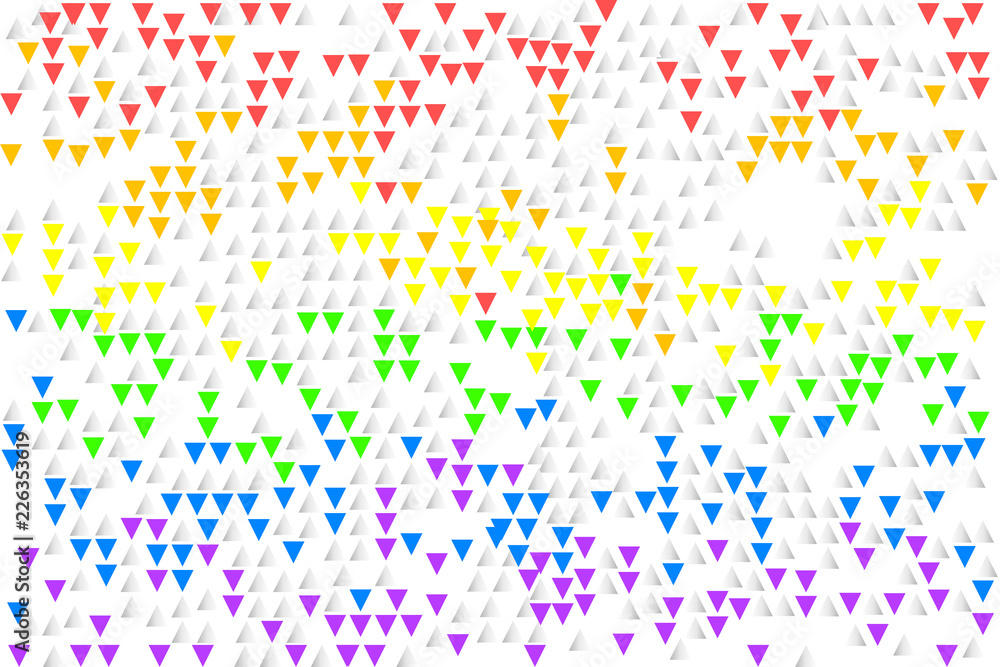 Flying colorful triangle shapes, gray and rainbow colors on white background. Colors of LGBT pride flag, symbol of lesbian, gay, bisexual, transgender, and questioning (LGBTQ). Vector illustration.