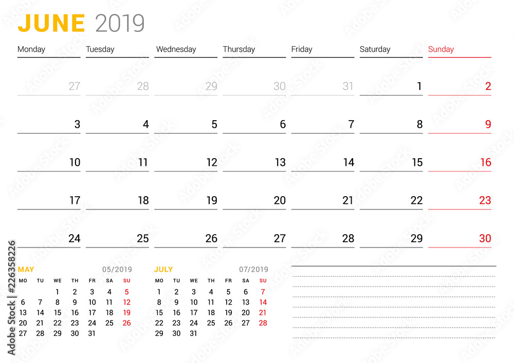 Calendar template for June 2019. Business planner. Stationery design. Week starts on Monday. 2 Months on the page. Vector illustration Calendar template for June 2019. Business planner. Stationery design. Week starts on Monday. 2 Months on the page. Vector illustration