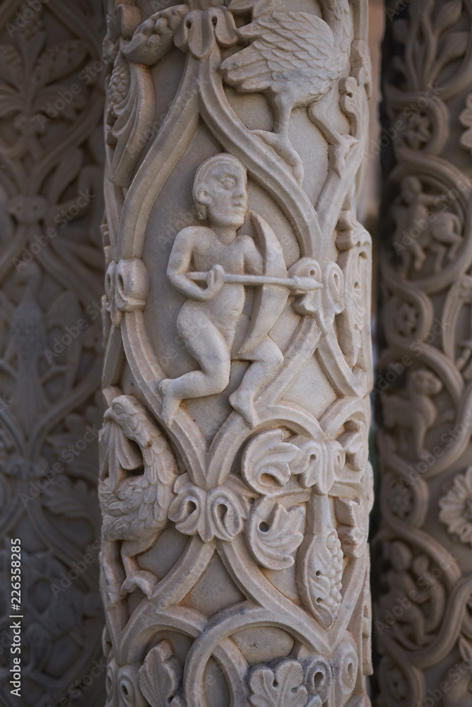 Monreale, Italy - September 11, 2018 : Details of Monreale cathedral cloister