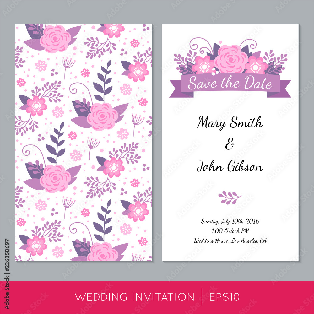Colorful Wedding Invitation with Flowers, Vector Save the Date Cards EPS10.