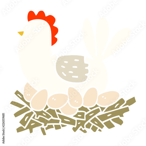 flat color illustration cartoon chicken on nest of eggs