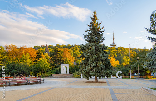 Miskolc city center with Avasi Church and Avas TV-tower in autumn colors photo