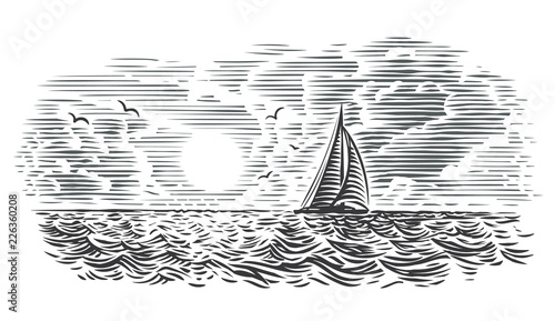 Sailboat/yacht in the sea engraving style illustration. Vector. photo