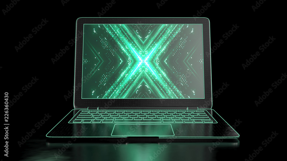 Internet crime concept. Black laptop with a abstract protected code on dark background. digital neon wallpaper. 3d illustration Internet crime concept. Black laptop with a abstract protected code on dark background. digital neon wallpaper. 3d illustration