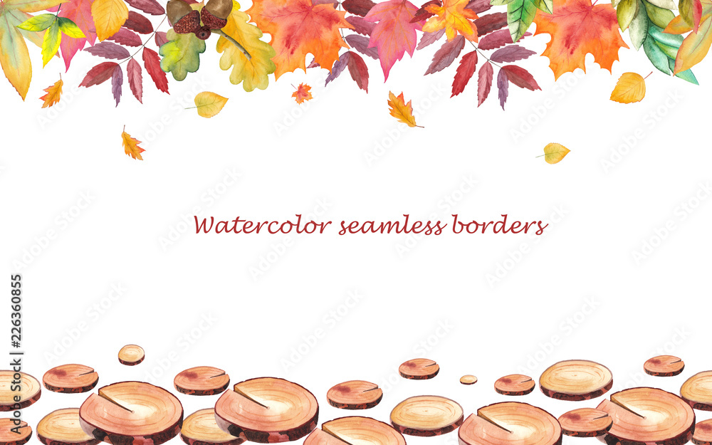 Fototapeta premium Two watercolor seamless frames of wooden cuts and autumn leaves on a white background handpainted