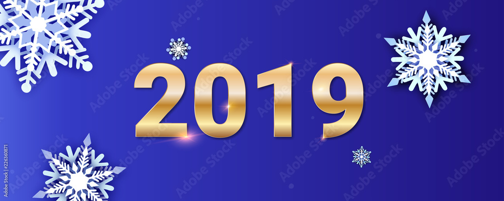 Happy new year greetings card. Golden numbers 2019 on background of snow fall. Volumetric multi layered snowflakes cut out from paper on blue backdrop. Vector template of posters for holidays party.