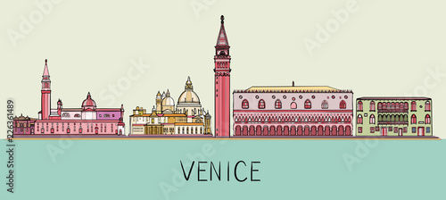 Venice architecture skyline illustration. Cityscape with famous landmarks, city sights