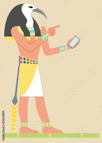 Ancient Egypt God Thoth with smartphone.  Vector in the proportion of an international postcard. Several layers, all the details are separate.