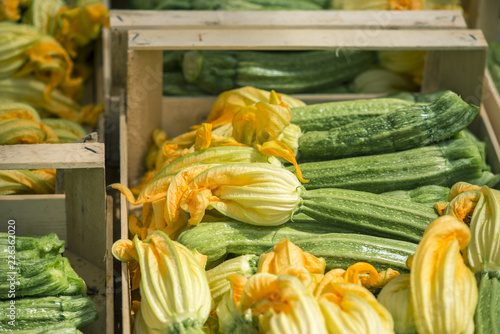 Fresh green zucchini with flowers in wooden crates, traditional roman vegetable.