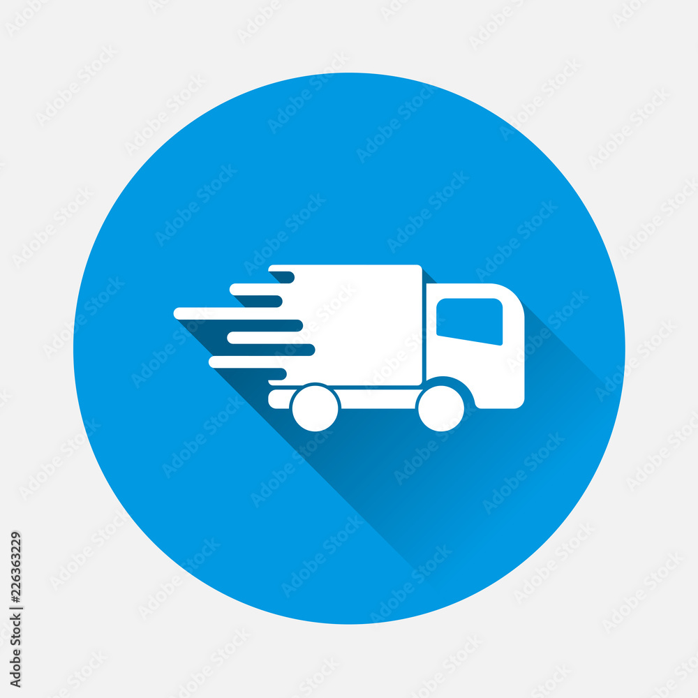 The car is going at high speed vector icon on blue background. Flat imageA symbol of fast delivery of cargo by a logistics company with long shadow. The car is going at high speed vector icon on blue background. Flat imageA symbol of fast delivery of cargo by a logistics company with long shadow.