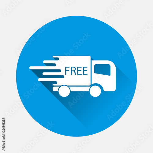 The car is going at high speed, vector icon on blue background. Flat image symbol of free fast delivery  cargo by  logistics company with long shadow. Business illustration car free fast delivery.