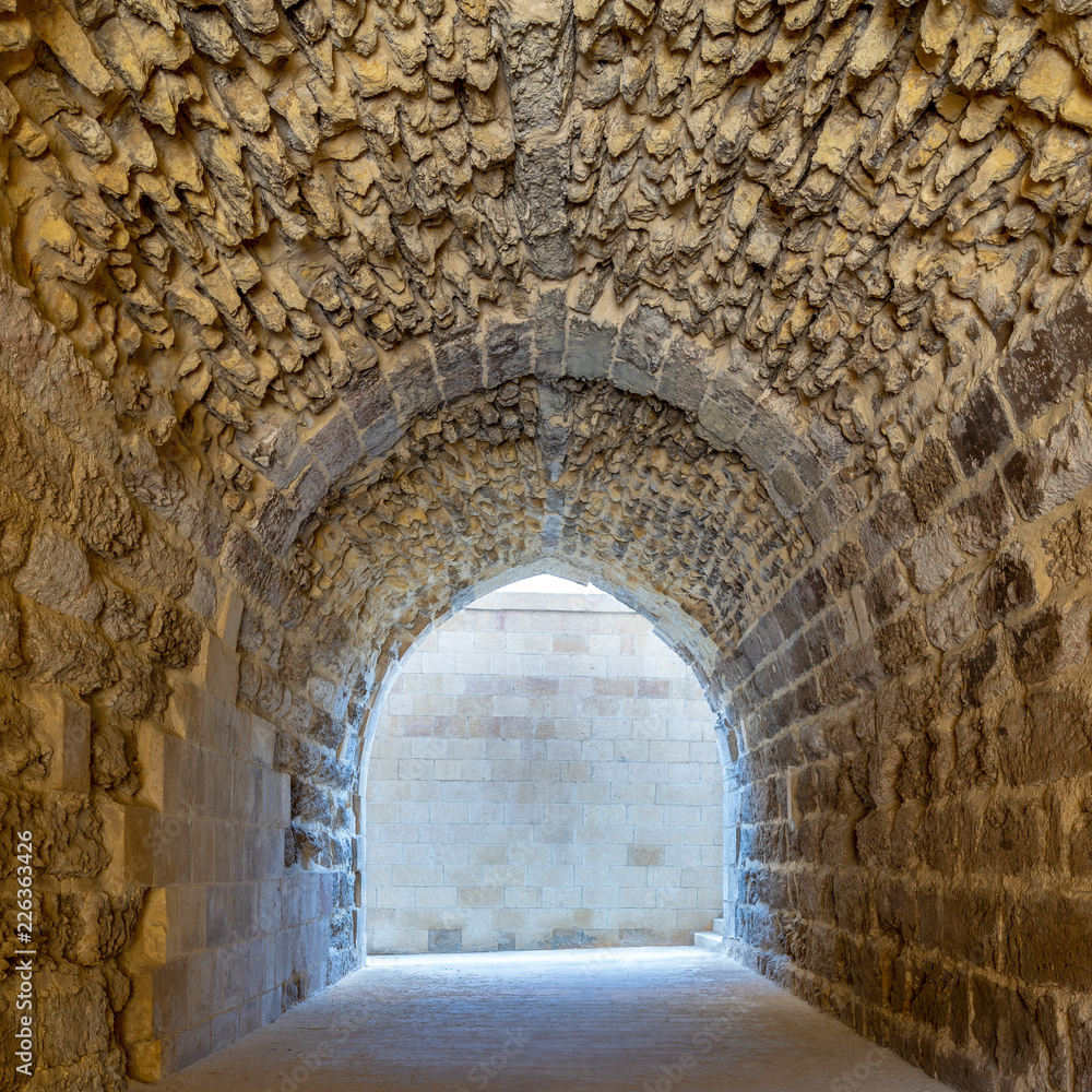 Mamluk era arched stones tunnel leading to Al-Muayyad Bimaristan (ancient hospital), Darb El Labbana district, Cairo, Egypt