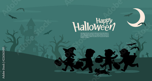 Happy Halloween. Children dressed in Halloween fancy dress to go Trick or Treating.Template for advertising brochure.