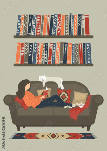 Woman reading book on sofa at warm sweet home. Original vector illustration.