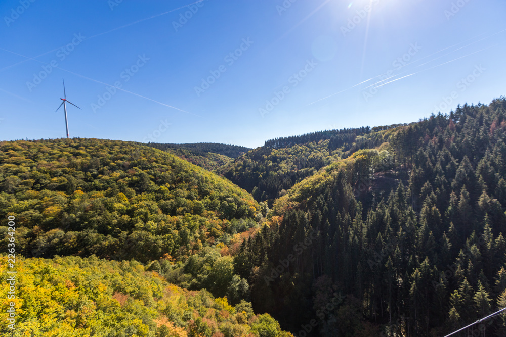 Ausblick auf den Hunsrück von der Hängeseilbrücke Geierlay aus Ausblick auf den Hunsrück von der Hängeseilbrücke Geierlay aus