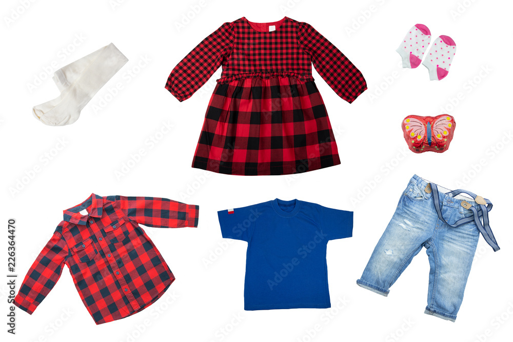Child clothes isolated. Collage set of children clothes isolated on a white  background. Concept spring fashion for children. Stock Photo | Adobe Stock