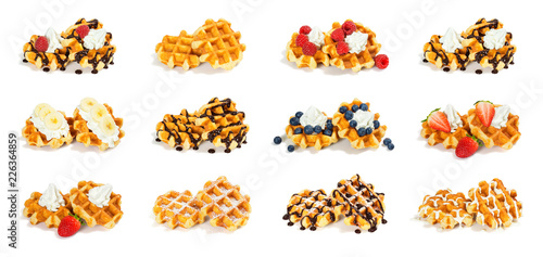 Collection of 12 Liege Style Belgian Waffles with Sweet Toppings Isolated on White Background photo
