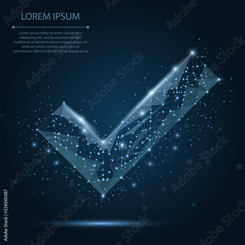 Abstract line and point blue check mark on dark blue night sky with stars. Polygonal low poly background with connecting dots and lines. Vector illustration connection structure.