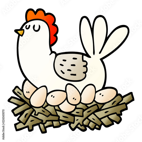 vector gradient illustration cartoon chicken on nest of eggs