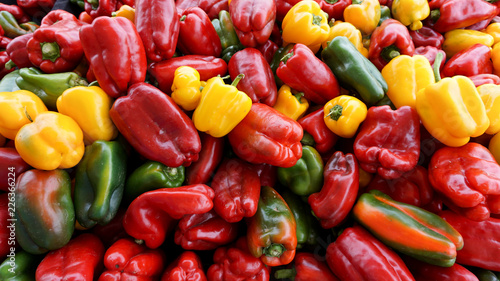 Colorful ripe organic bell peppers displayed at a farm market stall in southern California, late in the summer season