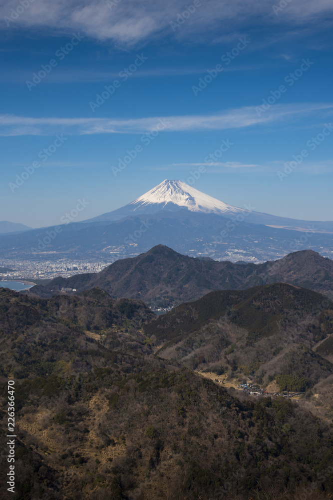 Mt.Fuji with blue sky in vertical landscape