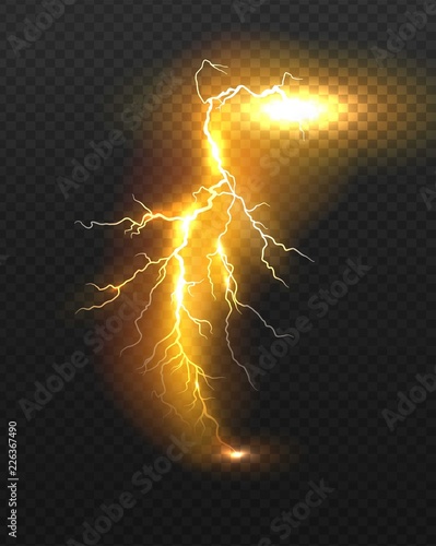 Realistic vector orange lightning on checkered background. Bright, electric lightning.