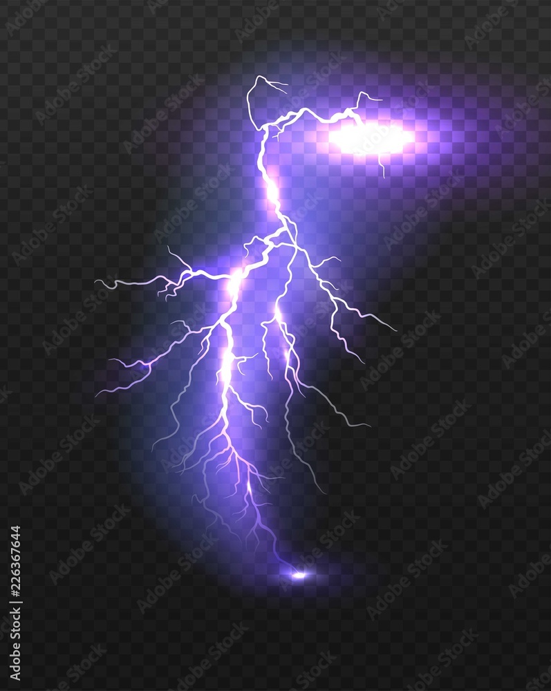 Realistic vector violet lightning on checkered background. Bright, electric lightning.