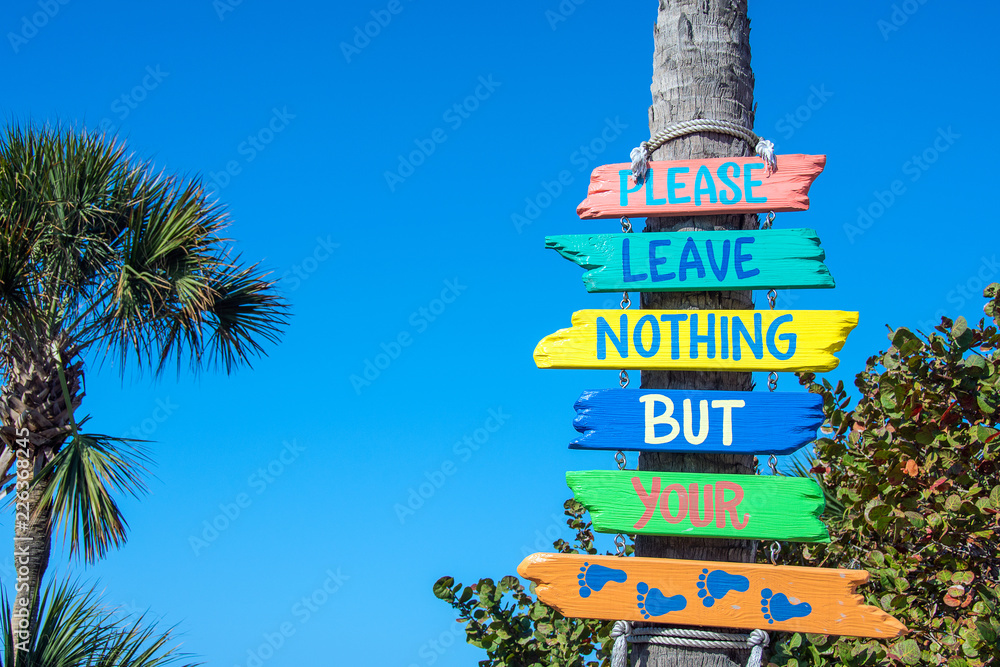 Obraz premium colorful wooden beach sign on palm tree trunk in Florida