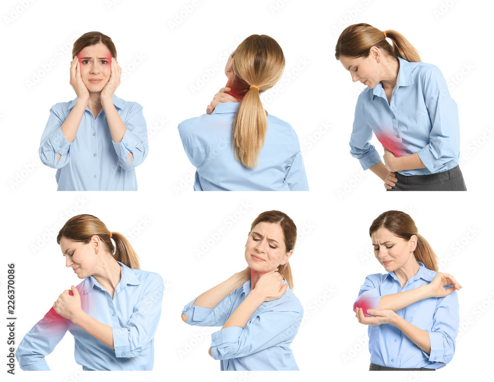 Obraz premium Set with mature woman suffering from pain in different parts of body on white background