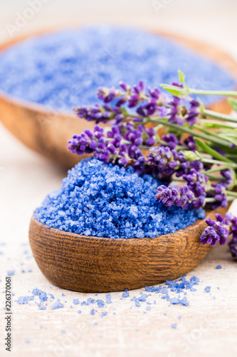 Essential lavender salt with flowers top view.