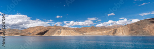 Pangong Lake with Cloudy sky Panorama in July 2018 Leh  Ladakh  Jammu and Kashmir  India