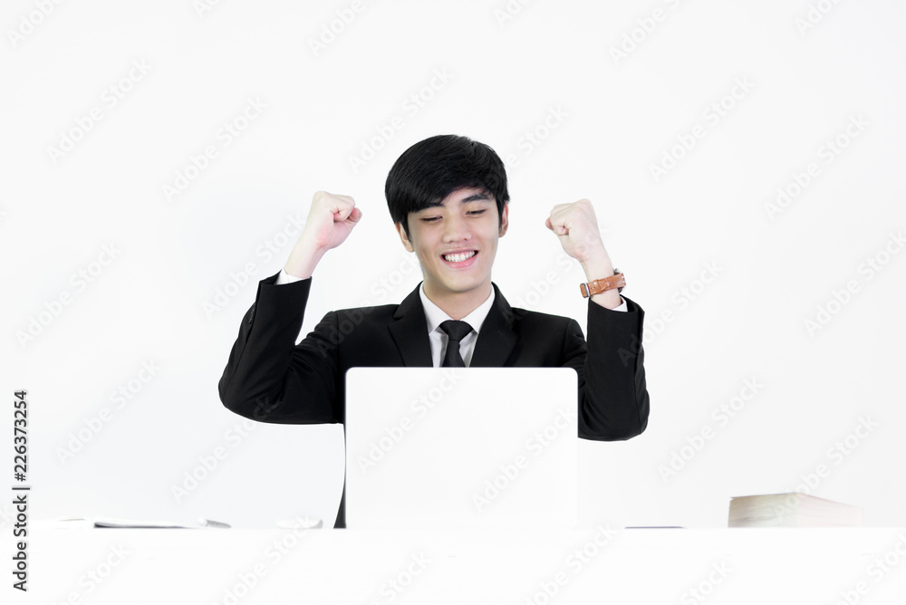 Asian manager businessman sitting at desk and working, isolated on white background. Asian manager businessman sitting at desk and working, isolated on white background.