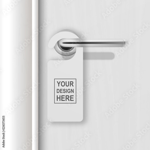 Vector realistic paper white blank door hanger on white realistic wooden door with metal silver handle background. Door hanger mockup. Design template for graphics. Full length door is in a clipping