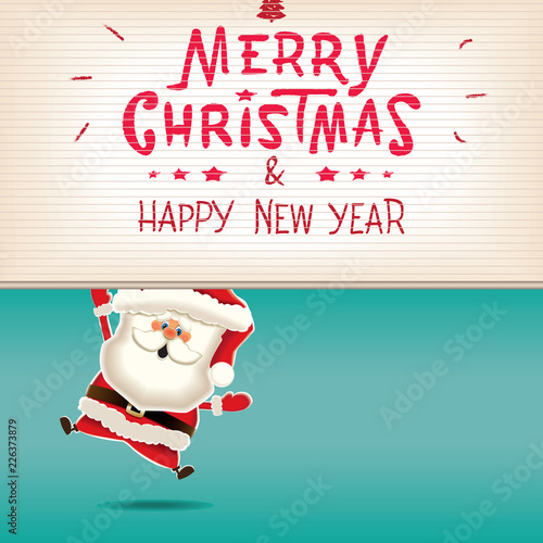 Santa Claus lowering retro textual signboard.Vector illustration for Christmas greeting.